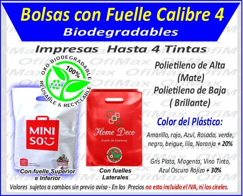 bolsas plasticas con fuelle  biodegradables calibre 3